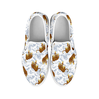 Japanese Tiger Pattern Print White Slip On Shoes