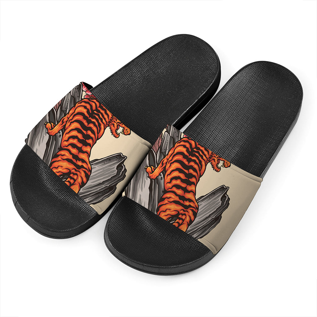 Japanese Tiger Tattoo Print Black Slide Sandals