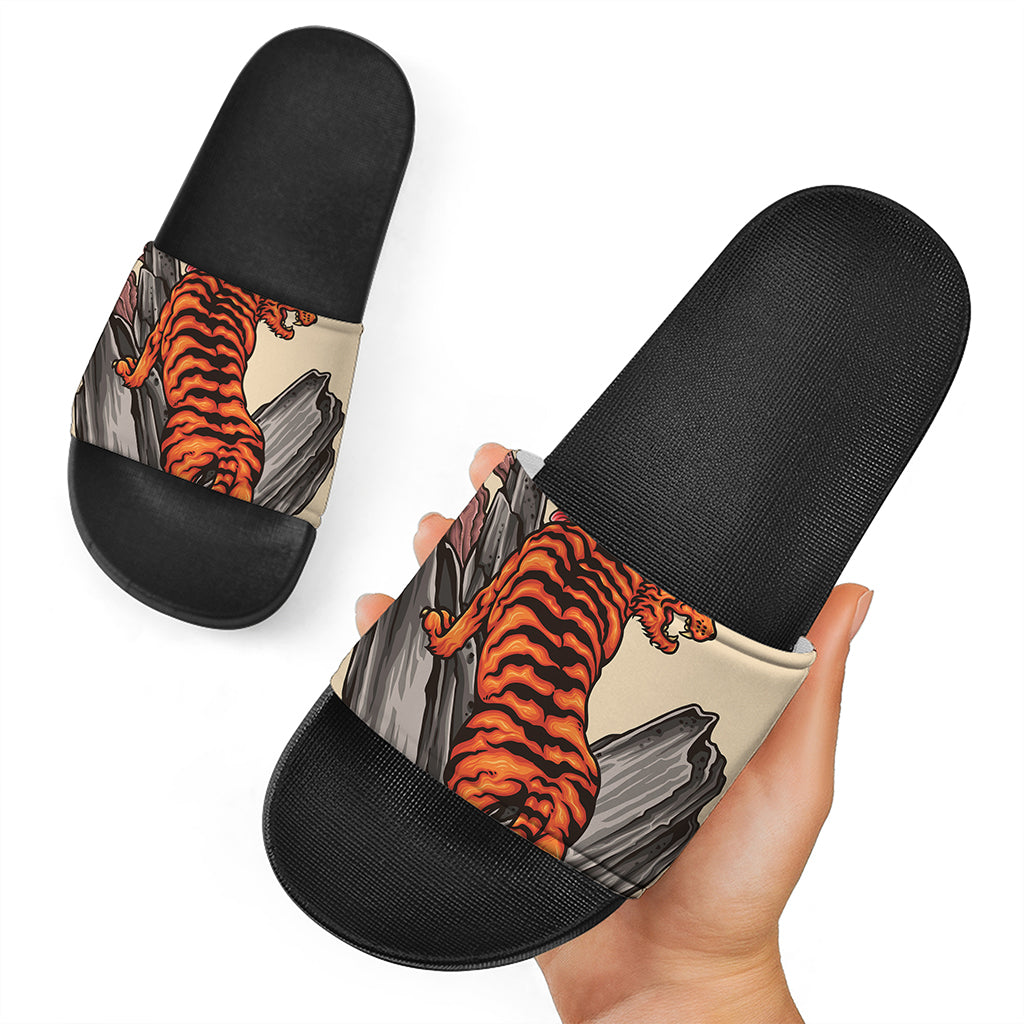 Japanese Tiger Tattoo Print Black Slide Sandals