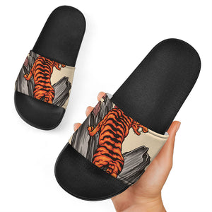 Japanese Tiger Tattoo Print Black Slide Sandals