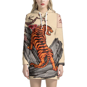 Japanese Tiger Tattoo Print Pullover Hoodie Dress