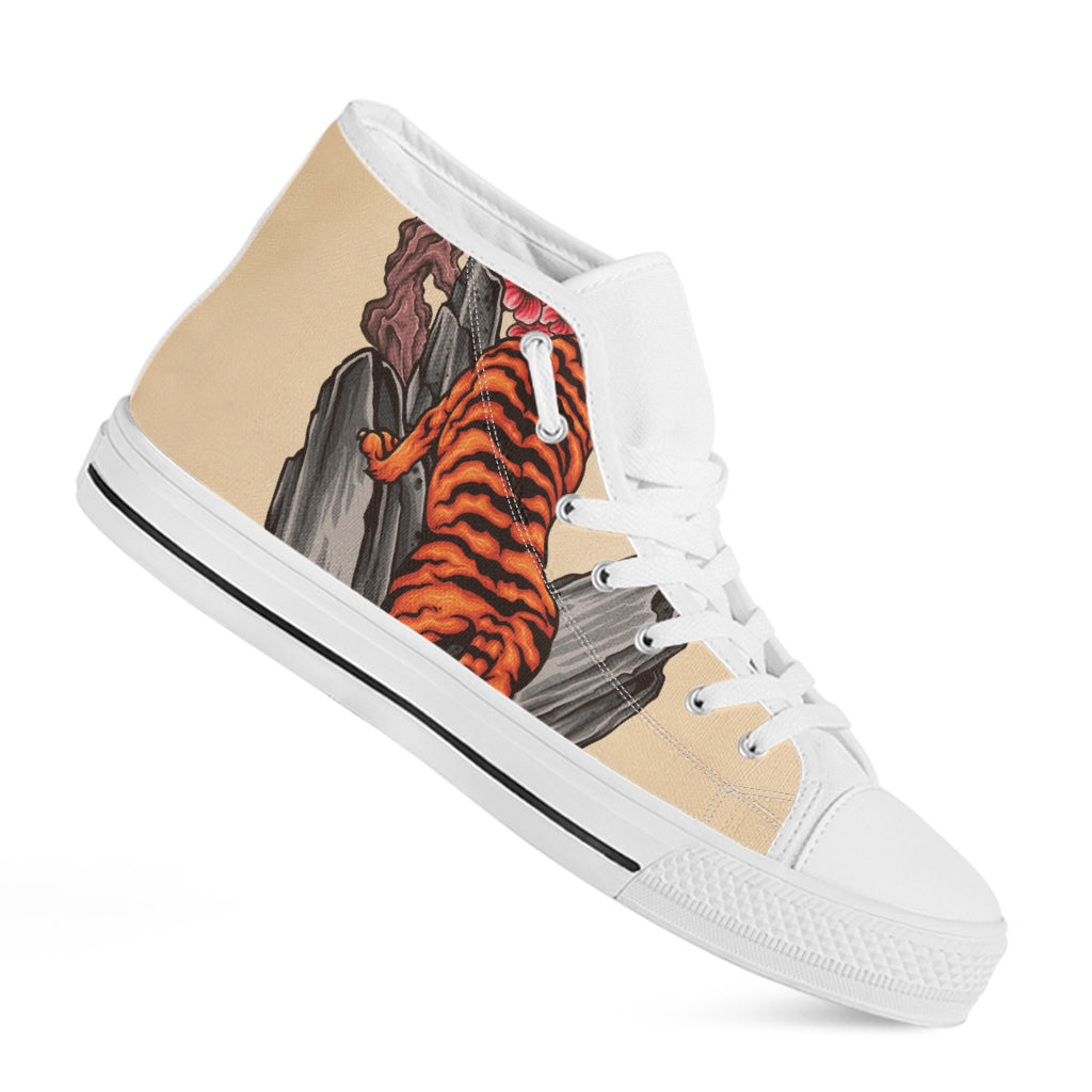 Japanese Tiger Tattoo Print White High Top Shoes