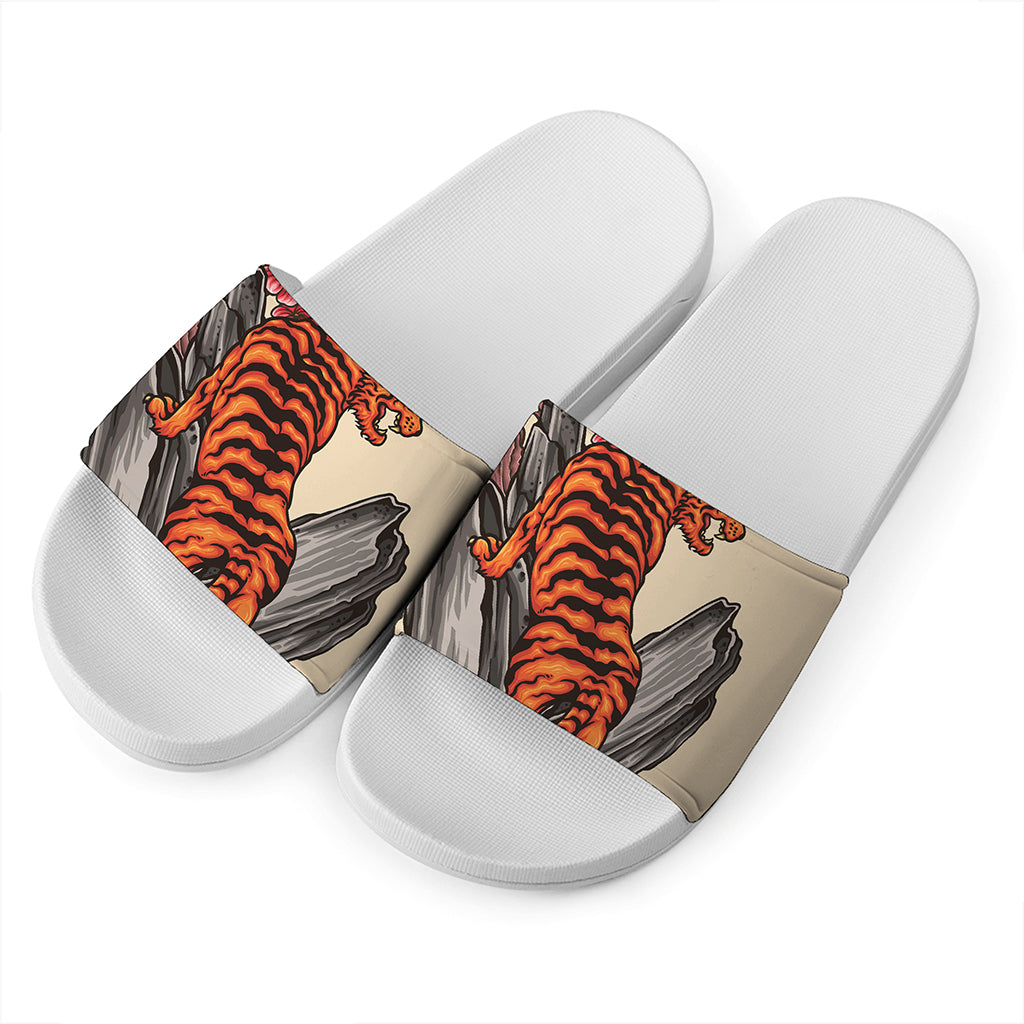 Japanese Tiger Tattoo Print White Slide Sandals