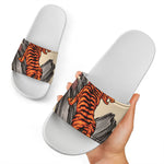 Japanese Tiger Tattoo Print White Slide Sandals