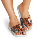 Japanese Tiger Tattoo Print White Slide Sandals