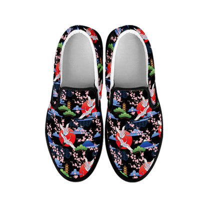 Japanese Traditional Pattern Print Black Slip On Shoes