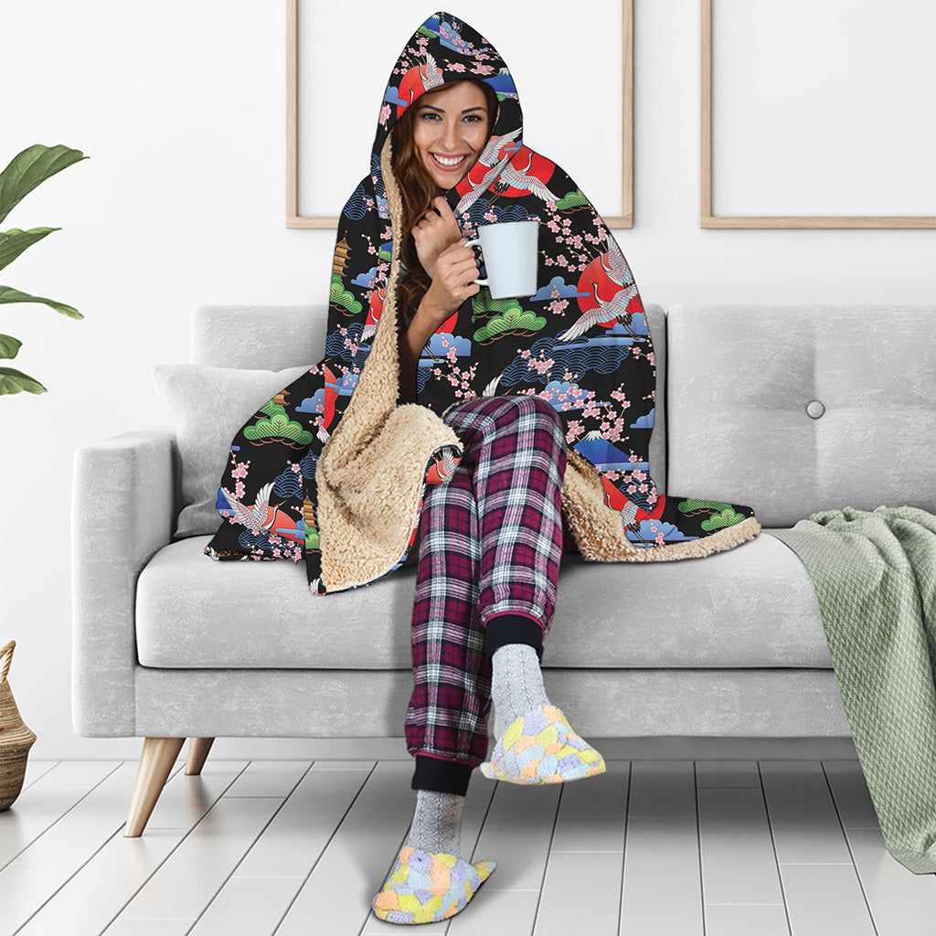 Japanese Traditional Pattern Print Hooded Blanket