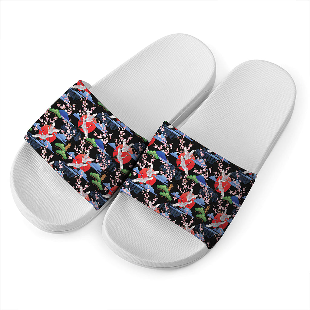 Japanese Traditional Pattern Print White Slide Sandals