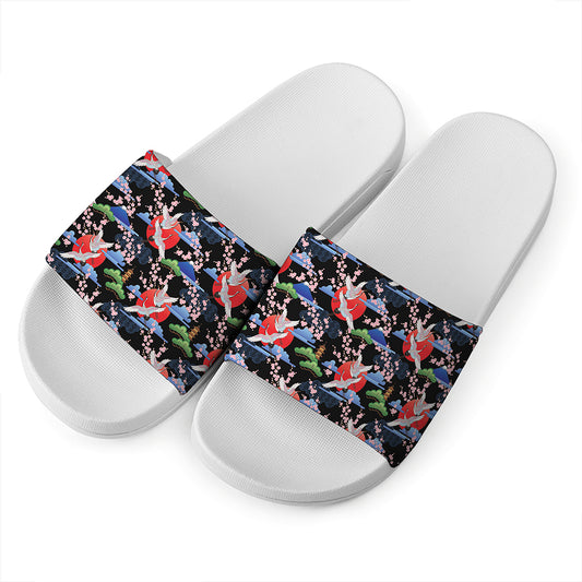 Japanese Traditional Pattern Print White Slide Sandals