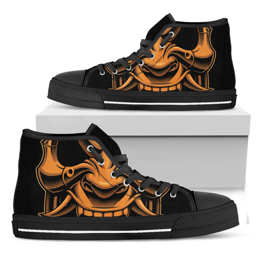 Japanese Warrior Mask Print Black High Top Shoes