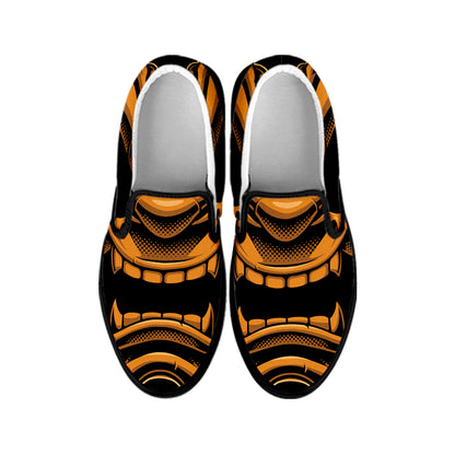 Japanese Warrior Mask Print Black Slip On Shoes