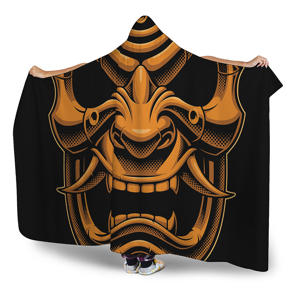 Japanese Warrior Mask Print Hooded Blanket