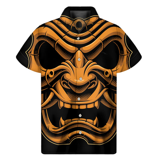 Japanese Warrior Mask Print Men's Short Sleeve Shirt