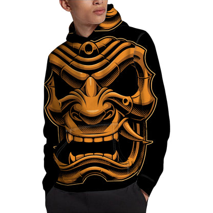 Japanese Warrior Mask Print Pullover Hoodie