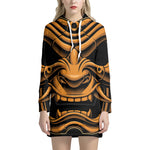 Japanese Warrior Mask Print Pullover Hoodie Dress