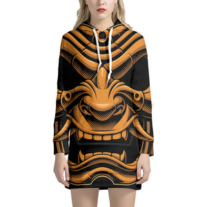 Japanese Warrior Mask Print Pullover Hoodie Dress