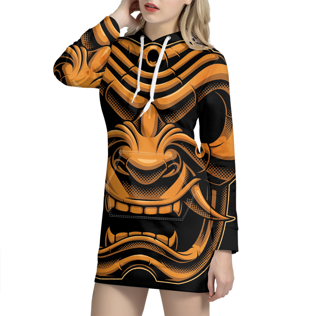 Japanese Warrior Mask Print Pullover Hoodie Dress