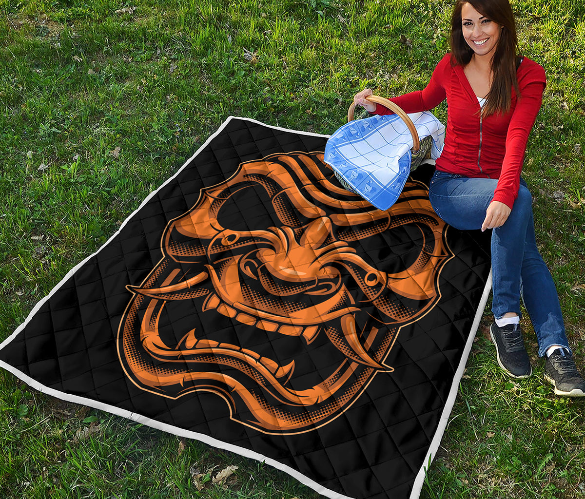 Japanese Warrior Mask Print Quilt