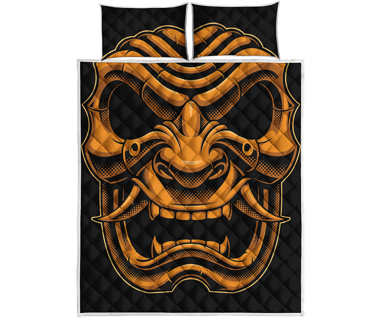 Japanese Warrior Mask Print Quilt Bed Set