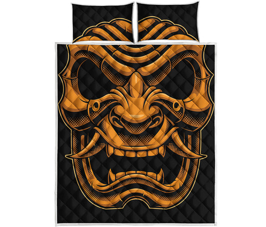 Japanese Warrior Mask Print Quilt Bed Set