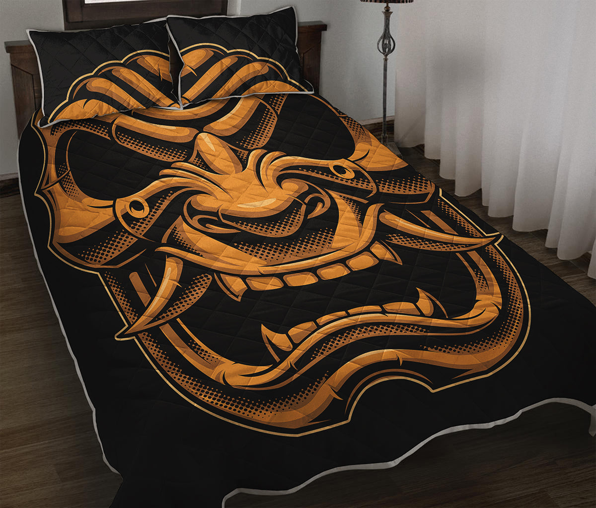 Japanese Warrior Mask Print Quilt Bed Set