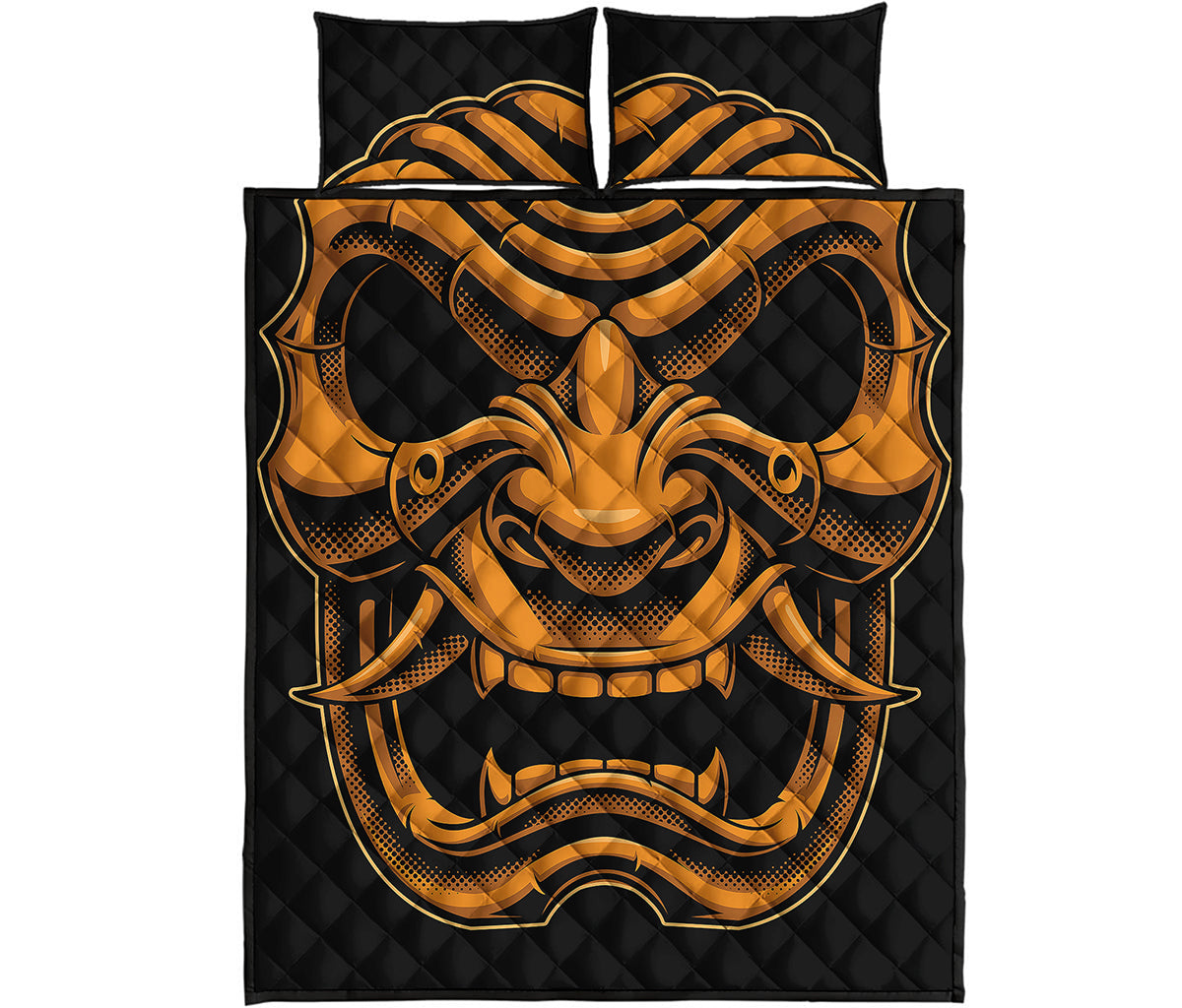 Japanese Warrior Mask Print Quilt Bed Set