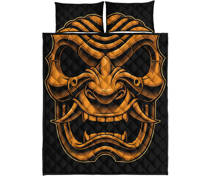 Japanese Warrior Mask Print Quilt Bed Set
