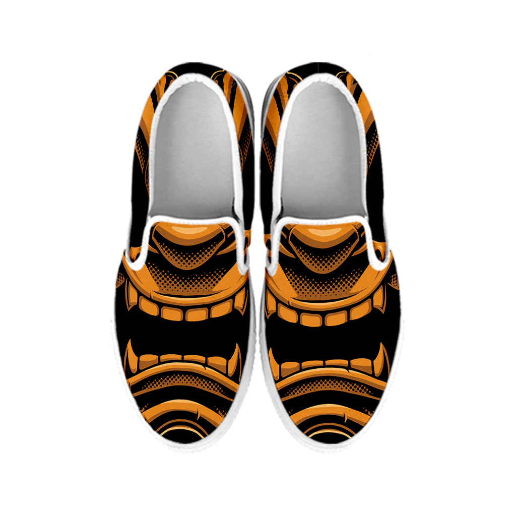 Japanese Warrior Mask Print White Slip On Shoes