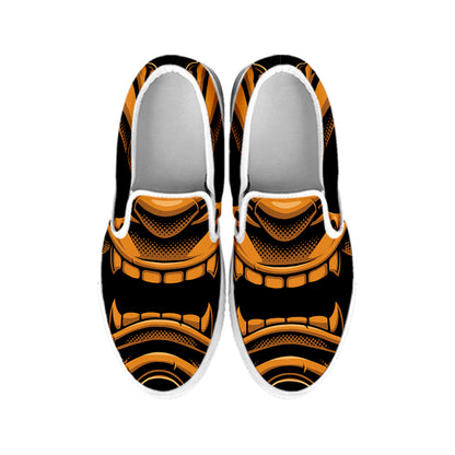 Japanese Warrior Mask Print White Slip On Shoes