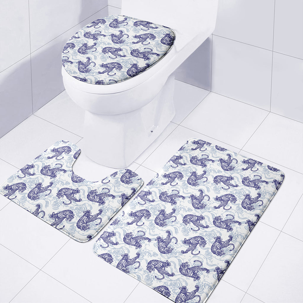 Japanese White Tiger Pattern Print 3 Piece Bath Mat Set
