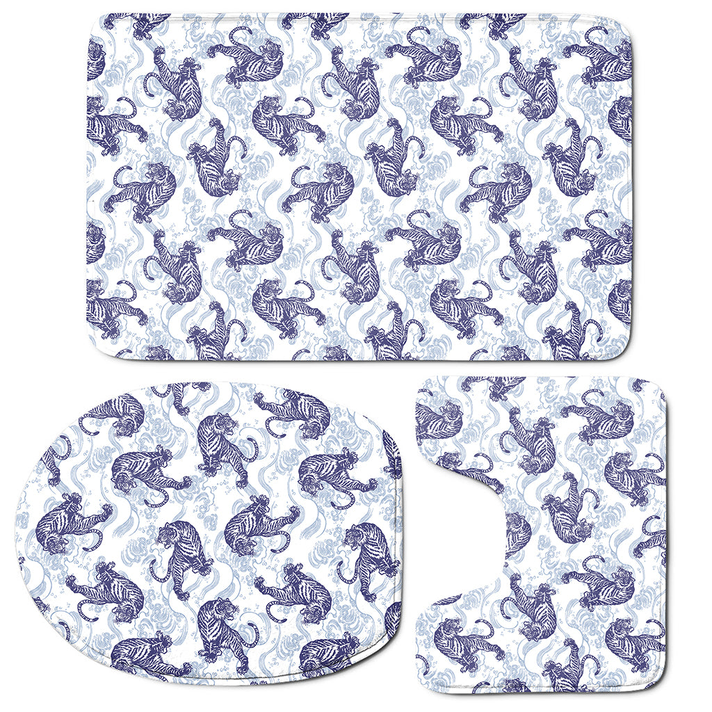 Japanese White Tiger Pattern Print 3 Piece Bath Mat Set