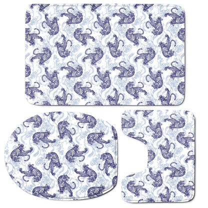 Japanese White Tiger Pattern Print 3 Piece Bath Mat Set