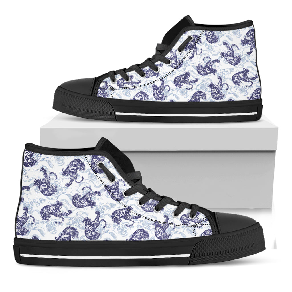 Japanese White Tiger Pattern Print Black High Top Shoes