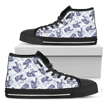 Japanese White Tiger Pattern Print Black High Top Shoes