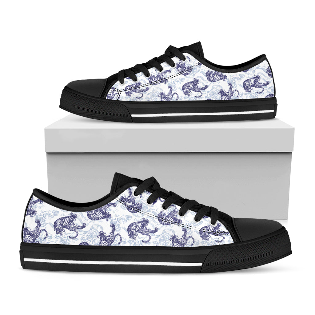 Japanese White Tiger Pattern Print Black Low Top Shoes