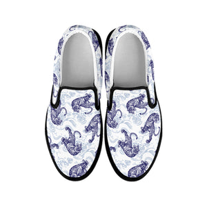 Japanese White Tiger Pattern Print Black Slip On Shoes