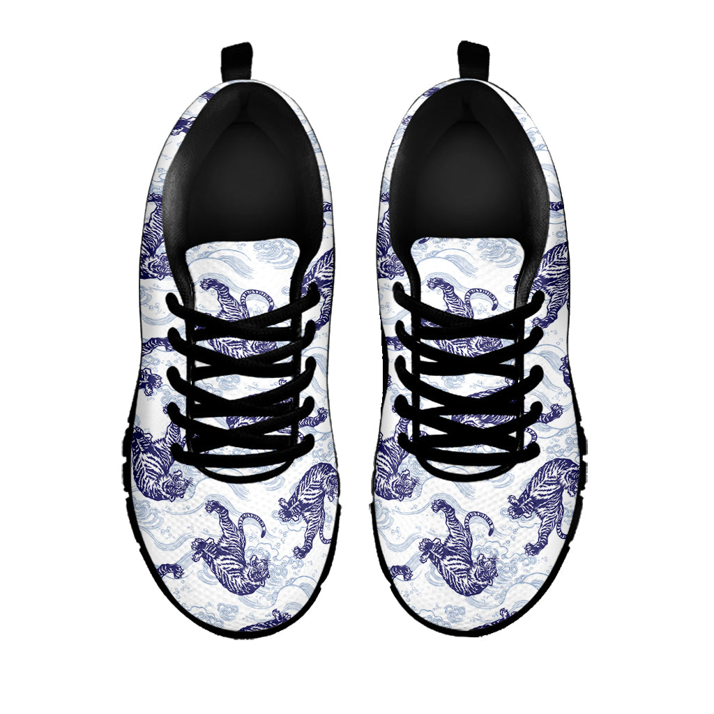 Japanese White Tiger Pattern Print Black Sneakers