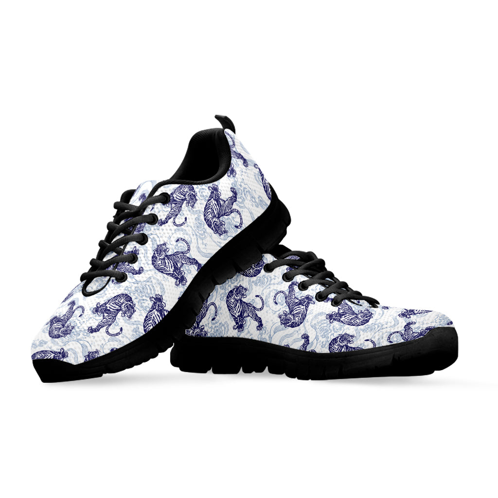 Japanese White Tiger Pattern Print Black Sneakers