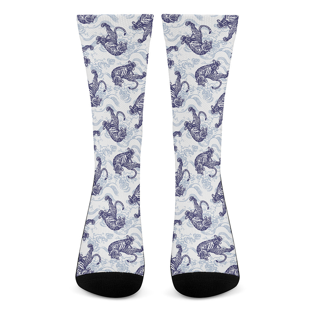 Japanese White Tiger Pattern Print Crew Socks