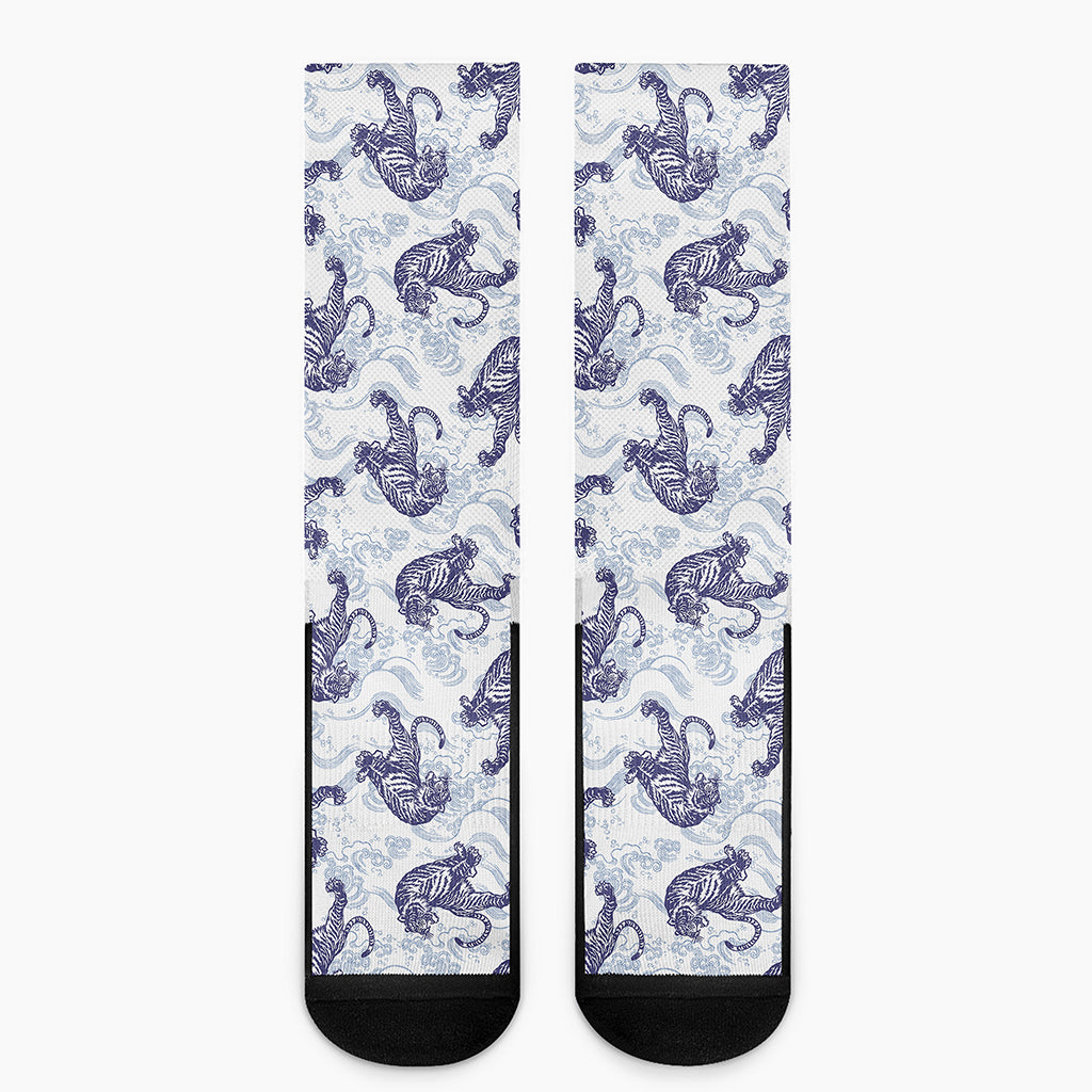 Japanese White Tiger Pattern Print Crew Socks