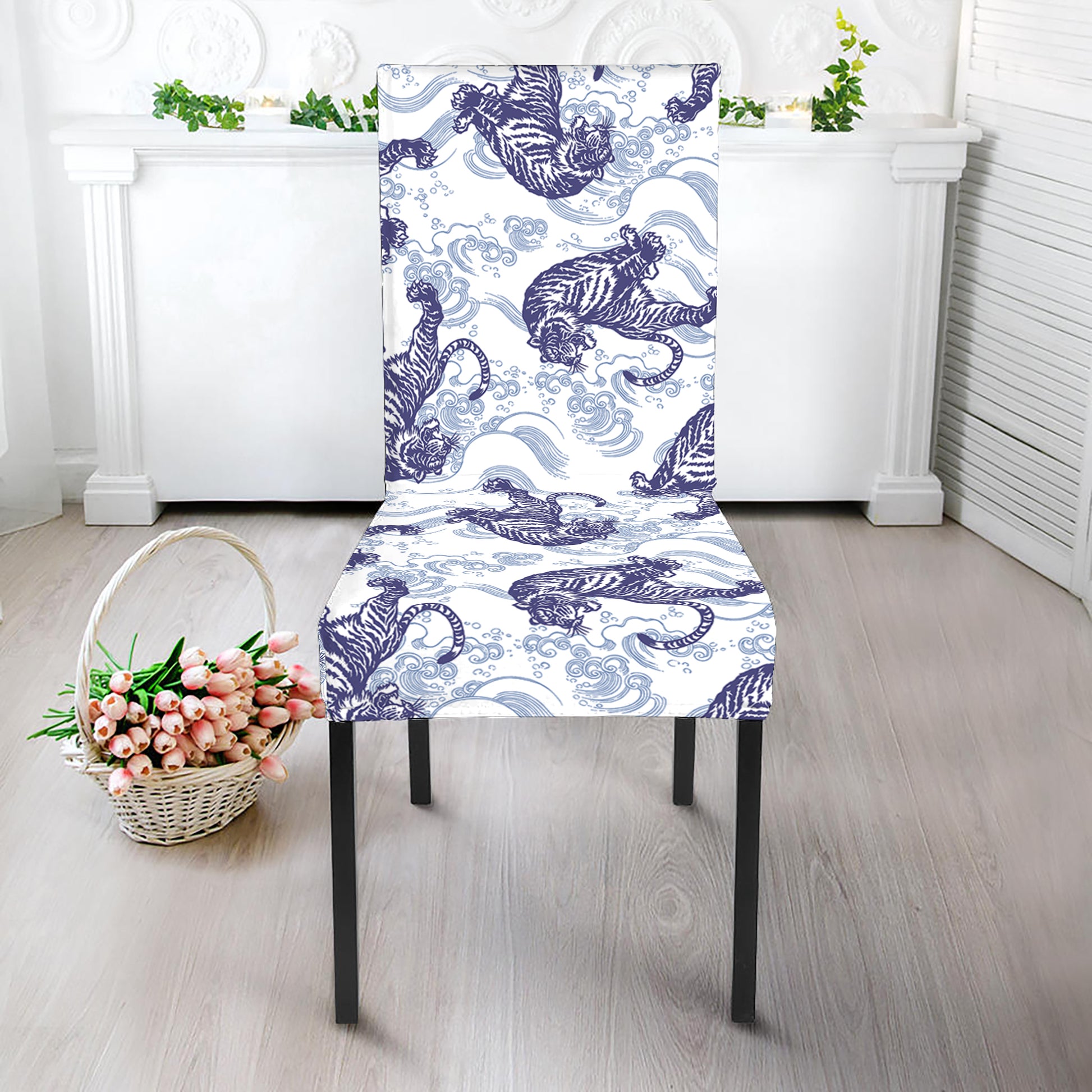Japanese White Tiger Pattern Print Dining Chair Slipcover