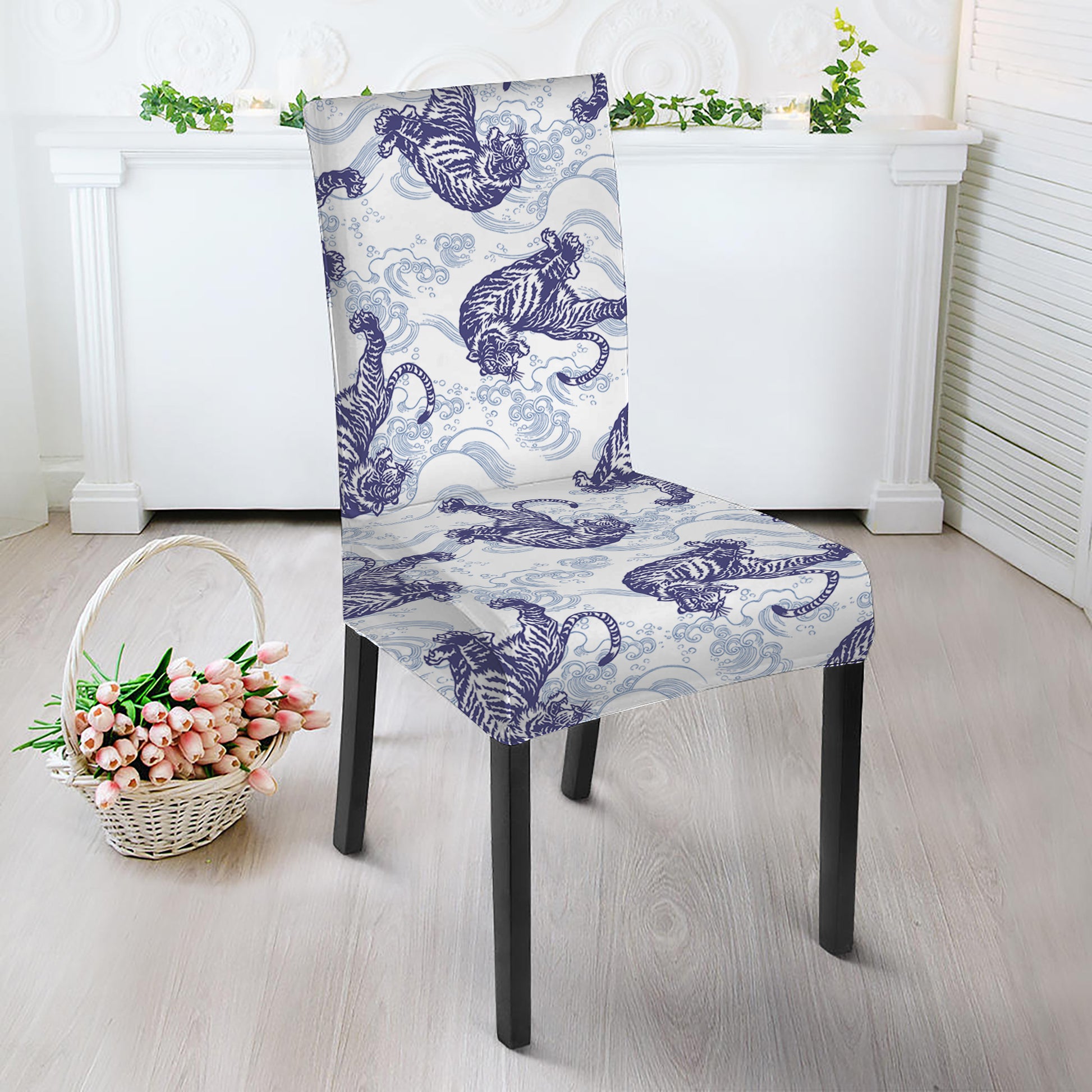 Japanese White Tiger Pattern Print Dining Chair Slipcover