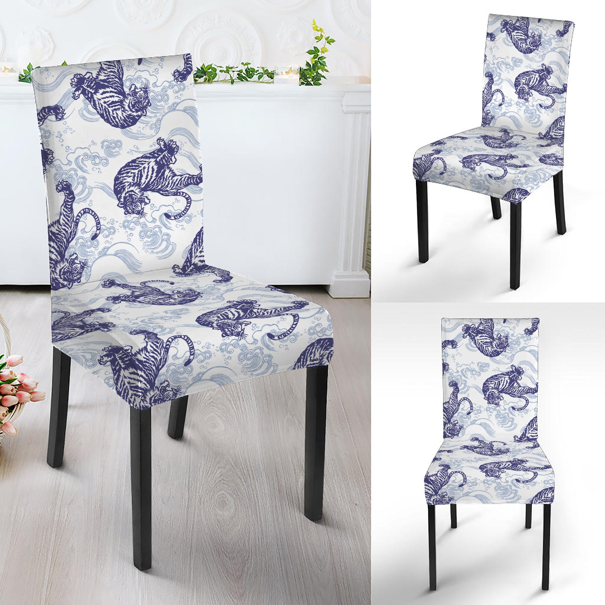 Japanese White Tiger Pattern Print Dining Chair Slipcover