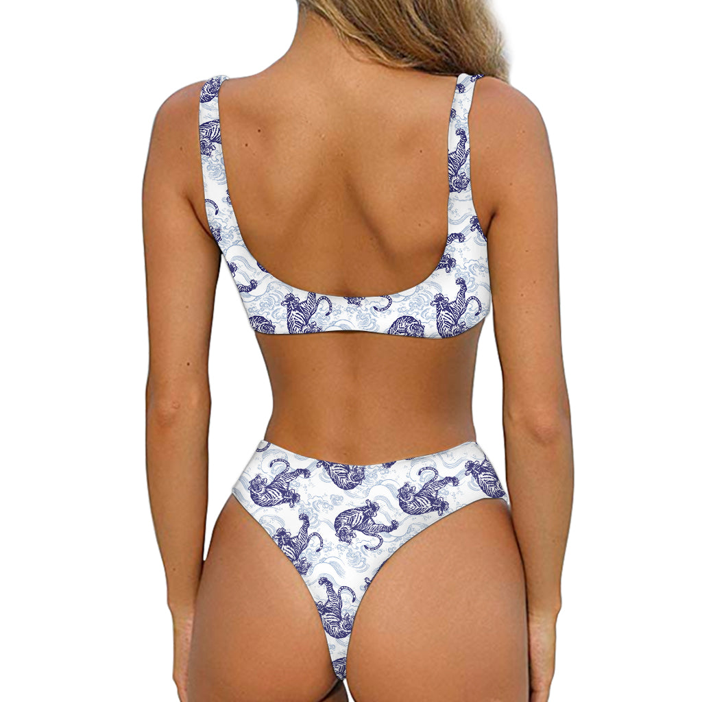 Japanese White Tiger Pattern Print Front Bow Tie Bikini