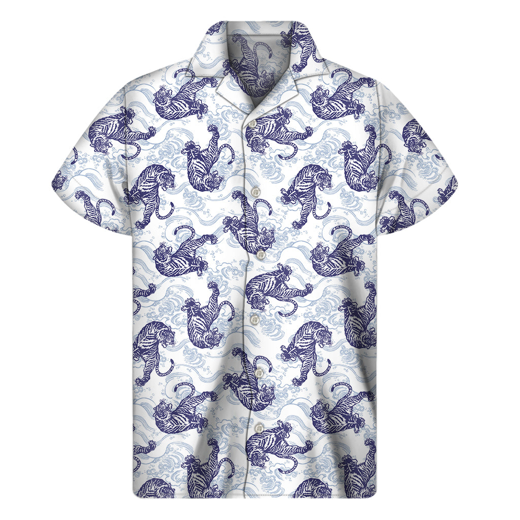 Japanese White Tiger Pattern Print Men's Short Sleeve Shirt