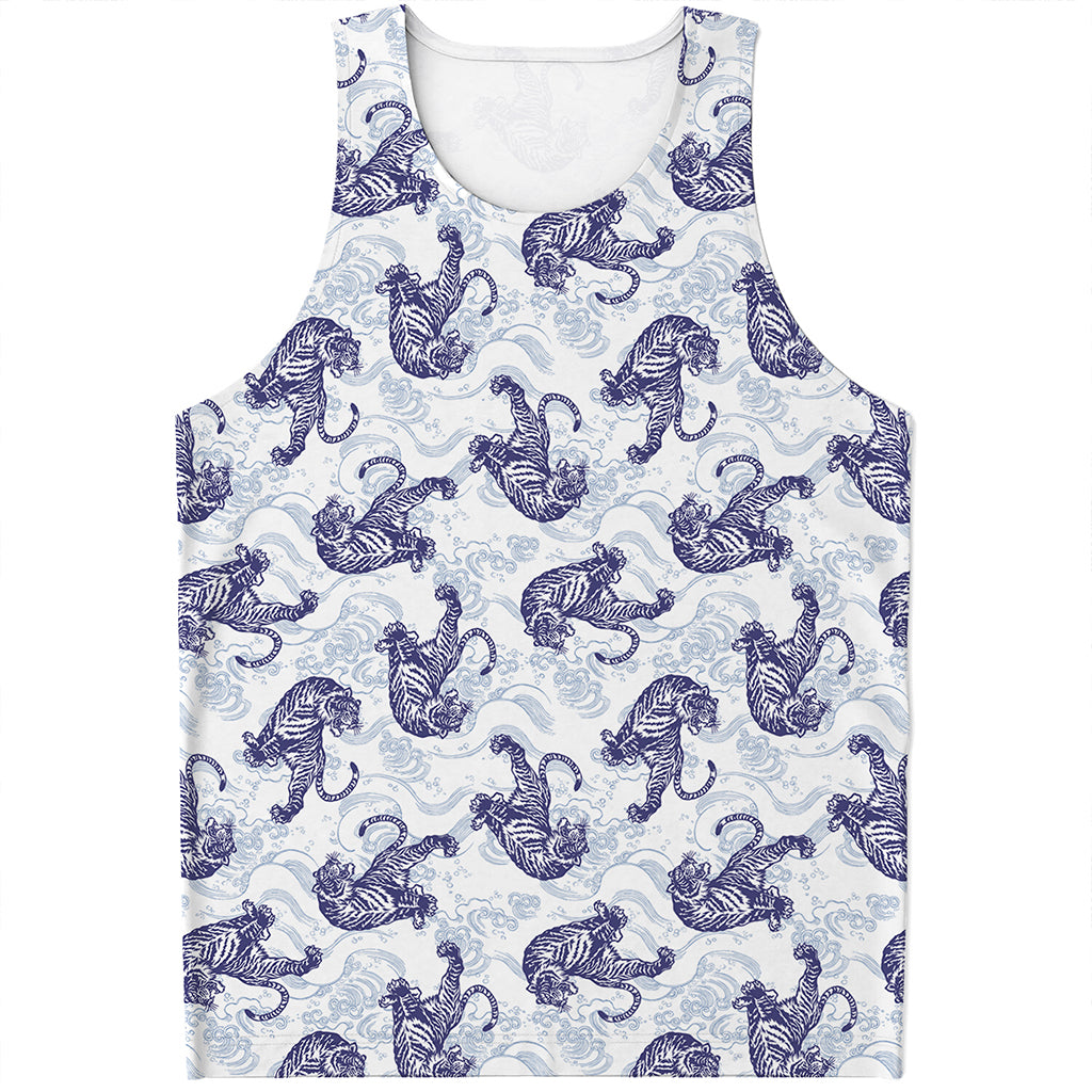 Japanese White Tiger Pattern Print Men's Tank Top