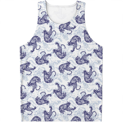 Japanese White Tiger Pattern Print Men's Tank Top