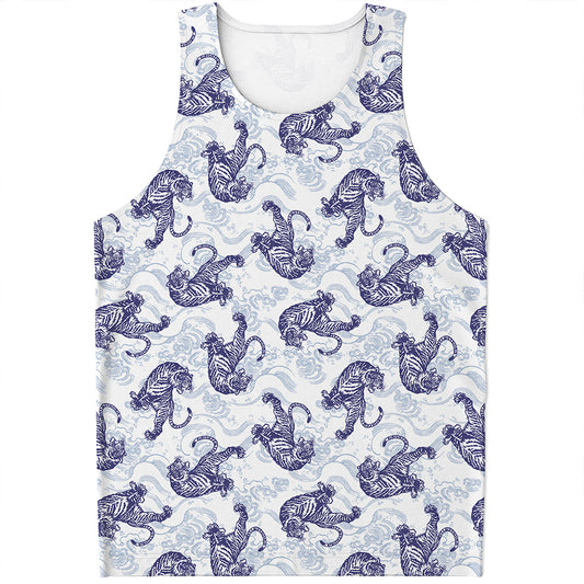 Japanese White Tiger Pattern Print Men's Tank Top
