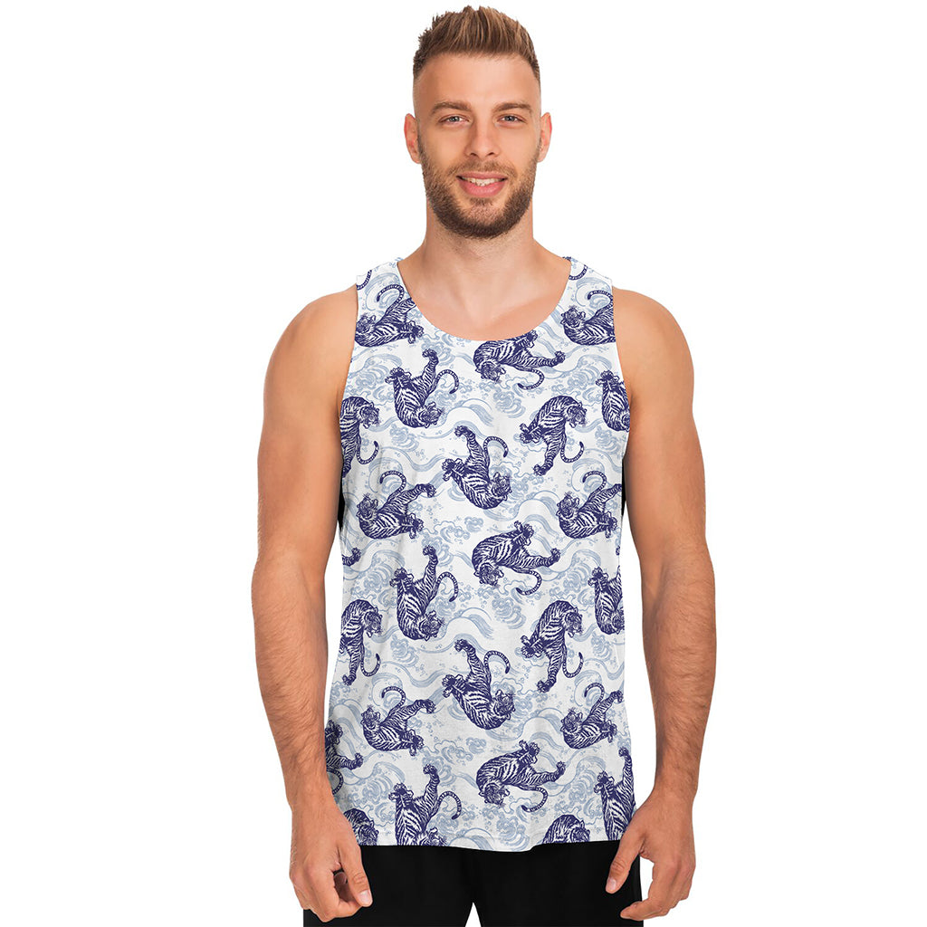 Japanese White Tiger Pattern Print Men's Tank Top