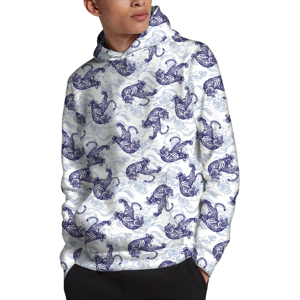 Japanese White Tiger Pattern Print Pullover Hoodie